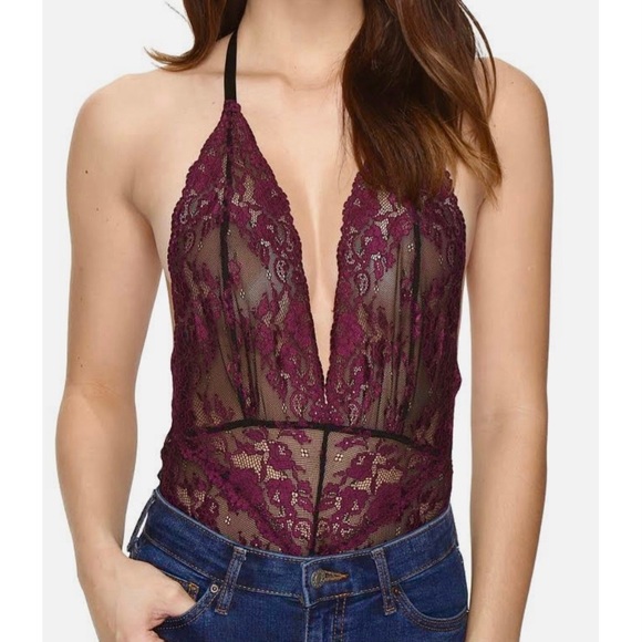 NWT Intimately Free People Too Cute To Handle Lace Bodysuit Black & Fuschia XS - Picture 1 of 12